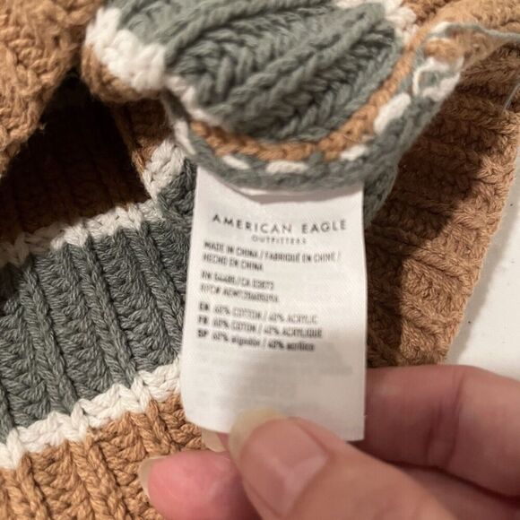 American Eagle Sweater Womens Medium Cropped Oversized Green/Tan/White Knit - Picture 11 of 11